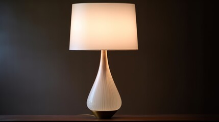  a white lamp sitting on top of a wooden table next to a white lamp on top of a wooden table with a white shade on the top of the lamp.