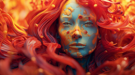 A woman with red hair and blue paint