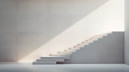  a set of white stairs leading up to a white wall with a light coming in from the top of one of them and a light coming from the bottom of the stairs.