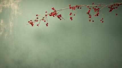  a branch of a tree with red berries hanging from it's branches in front of a green background with a sky in the back ground and a few clouds in the foreground.