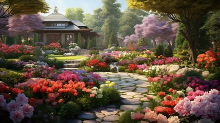  a painting of a garden with a gazebo in the middle of it and flowers all around the perimeter of the area and a stone path leading up to the gazebo.