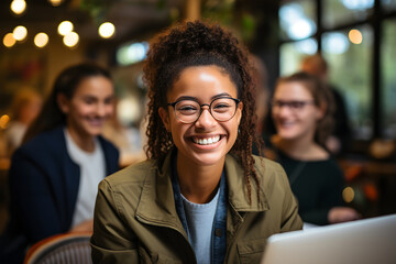 happy african american woman with laptop computer at cafe or restaurant