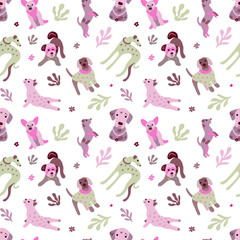 Cute dogs vector seamless pattern. Cartoon dogs with flowers and leaves