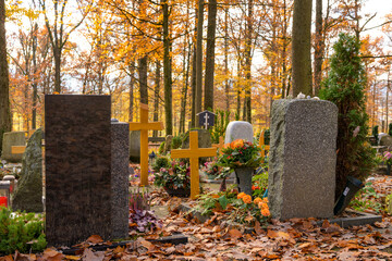 Kirchheim, Baden-Württemberg, Germany, November 22, 2023: Forest cemetery on a sunny fall day.