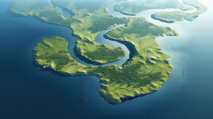  an aerial view of a body of water with land in the middle of the water and a river running through the middle of the water in the middle of the middle of the water.