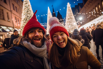 Joyful Couple Celebrating at Sparkling Christmas Market