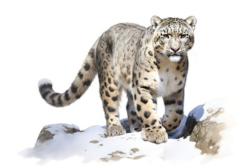 Beautiful snow leopard, panthera uncia, standing on a snowy ledge. Digital watercolour on white background.