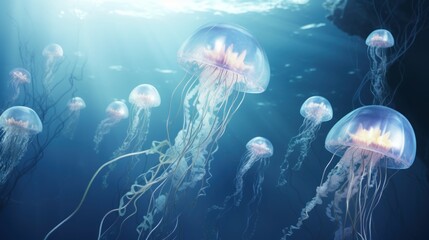  a group of jellyfish swimming in a blue sea with sunlight shining through the water's bubbles and water bubbles on the bottom of the bottom of the water. - obrazy, fototapety, plakaty