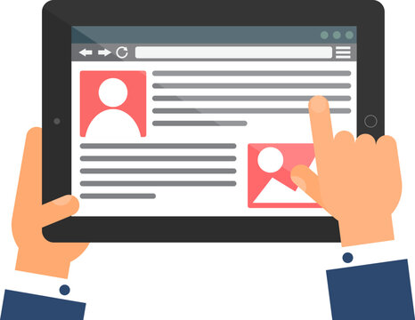 User hand enters data on website of Job Search on portable laptop. Personal Information web page on screen of digital gadget. Simple flat vector isolated on white background