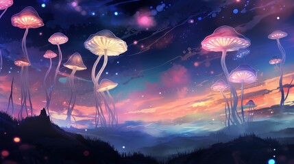  a painting of a group of mushrooms on a hill at night with a colorful sky in the background and stars in the sky at the top of the bottom of the picture.