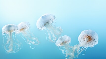  a group of jellyfish floating on top of a blue water filled with small white jellyfish in a blue water filled with small white jellyfish in the middle of the ocean.