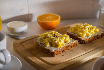 scrambled egg with coffee and orange juice
