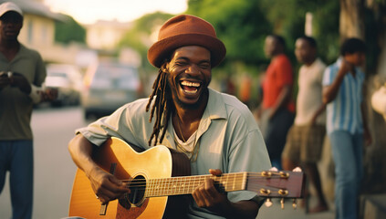 An adult Black man with dreadlocks and in a hat plays the guitar on the street, laughing and enjoying the music.