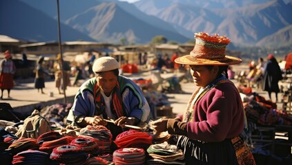Hispanic man and a woman in traditional Andean clothing, trading colorful fabrics at a market with a mountain landscape in the background.