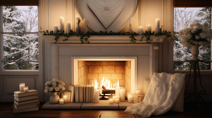 Create a picturesque fireplace setting adorned with love-themed decorations, such as heart banners,...