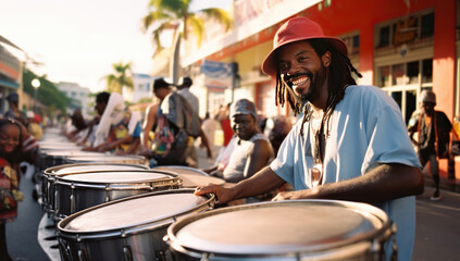 An adult Black man in a red hat playing drums at a street festival; in the background, other people and palm trees are blurred.