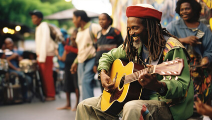 Obraz premium An adult Black man with dreadlocks in a red hat plays an acoustic guitar at a street music event.