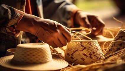The hands of an adult person weaving a basket from straw