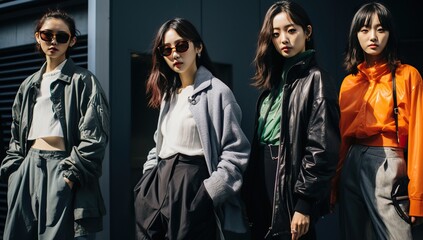Four young Asian women in stylish streetwear are posing for the camera, showcasing a variety of modern fashion trends.
