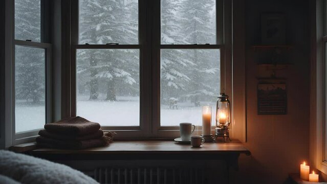 Cozy room with candle and warm lighting lamp on the desk. Snowflakes and woods outside the window. Loop animation video. Zoom backgrounds. Rest and tranquil atmosphere.