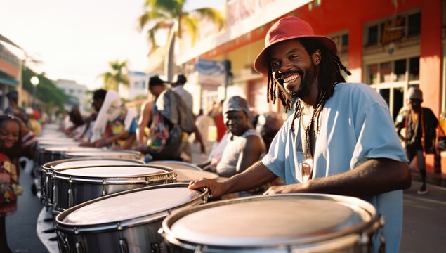 Fototapeta An adult Black man in a red hat playing drums at a street festival  in the background, other people and palm trees are blurred.