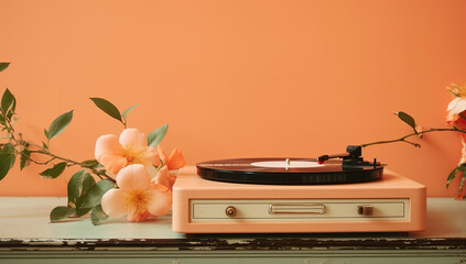 A vinyl player in a pastel peach fuzz case next to a blooming branch on a table, against a solid...