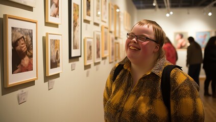 Caucasian woman with down syndrome in front of photographs in a gallery. Down syndrome