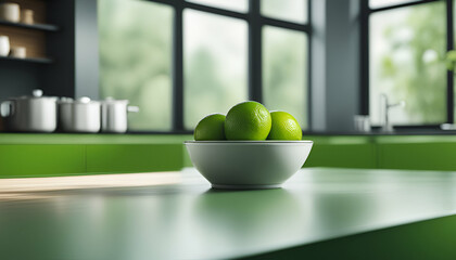  Limes in a bowl on kitchen table - Generative AI	