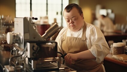 A young male barista in an apron prepares coffee on a professional coffee machine in a cafe. Down syndrome