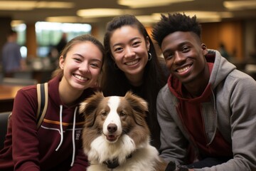Diverse group of students studying together with their comforting therapy dogs, promoting mental well-being