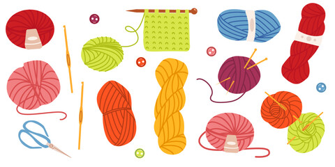 Set of vector flat illustration of wool yarn for knitting