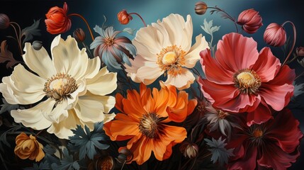  a close up of a bunch of flowers on a black background with red, orange, and yellow flowers in the middle of the picture and bottom half of the flowers in the middle of the picture.