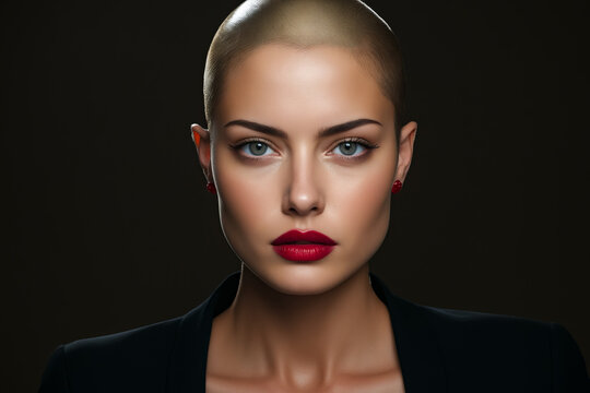 Woman with bald head and red lipstick on her face.
