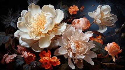 a close up of a bunch of flowers on a black background with orange, pink, and white flowers in the middle of the picture and the middle of the flowers in the middle of the picture.