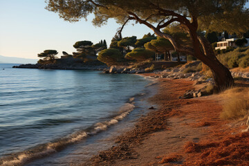 Fototapeta na wymiar Greece, at sunset. The focus is on the crystal-clear waters and golden sands, framed by olive trees