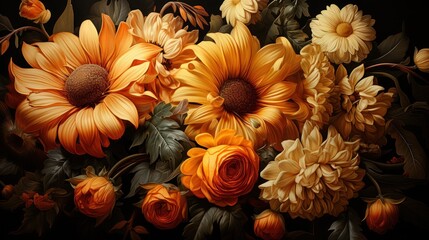  a painting of a bunch of sunflowers with leaves and flowers in the middle of the painting is a black background with orange and yellow flowers and green leaves.