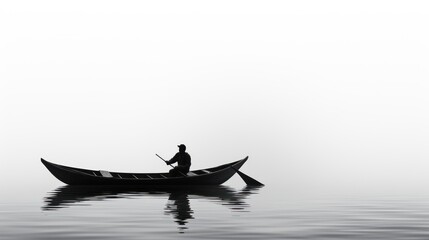  a man in a canoe on a foggy day with a pole in one hand and a paddle in the other hand, in the middle of a body of water. - obrazy, fototapety, plakaty