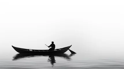 Foto op Canvas  a man in a canoe on a foggy day with a pole in one hand and a paddle in the other hand, in the middle of a body of water. © Anna