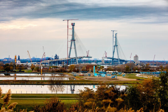 Windsor, Ontario Canada - November 4, 2023: Gordie Howe bridge under construction showing both support towers final height.