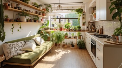  a living room filled with lots of plants next to a stove top oven and a counter top with lots of potted plants on top of plants on the shelves.