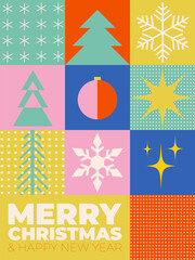 Merry Christmas and Happy New Year clipart bauhaus style. Vector flat illustration for greeting cards, posters, holiday cover in minimalist geometric swiss style. 