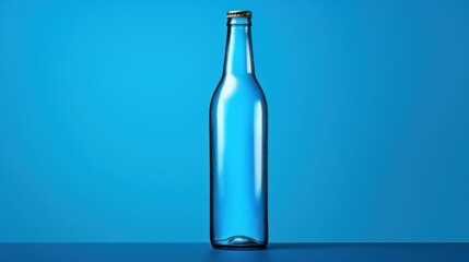  a close up of a glass bottle on a blue surface with a light reflection on the bottom of the bottle and the bottom half of the bottle with a cork.