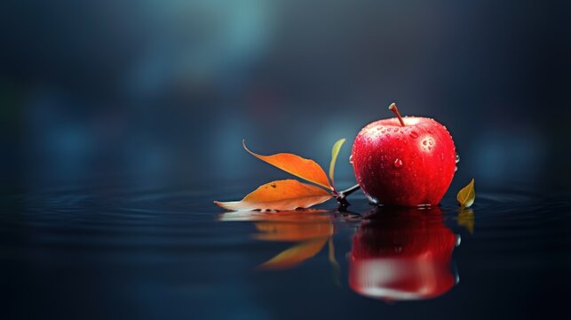  a red apple sitting on top of a body of water with a leaf in the middle of the image and a drop of water on the bottom of the image.
