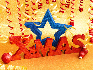 Gold color Christmas and Happy New Year 2024 holiday background with red Xmas label and blue star shape