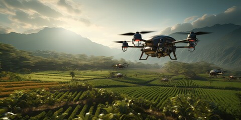 Dron przemysłowy badający stan roślin uprawnych i terenów rolniczych  - obrazy, fototapety, plakaty