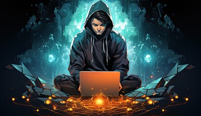 chłopak haker w jaskini z laptopem i bluzie z kapturem - obrazy, fototapety, plakaty