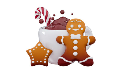 3d gingerbread man, mug of hot chocolate, candy and cookies Merry Christmas and Happy New Year Holiday Xmas