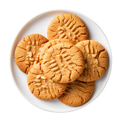 top view of peanut butter cookie in a plate isolated on a white transparent background 