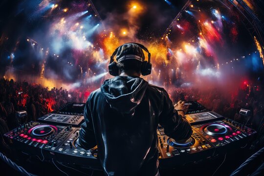 na scenie z konsolą dj puszczający muzyke dla wielkiej publiczności ładnie oświetlonej