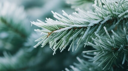  a close up of a pine tree with snow on it's needles and a blurry background of snow on the needles of the needles of the pine tree.